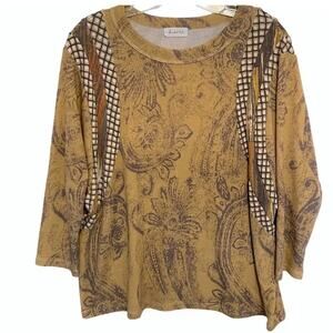 Bucket List Soft Boho Top — Mixed Print in Camel Paisley & Plaid, Size XL